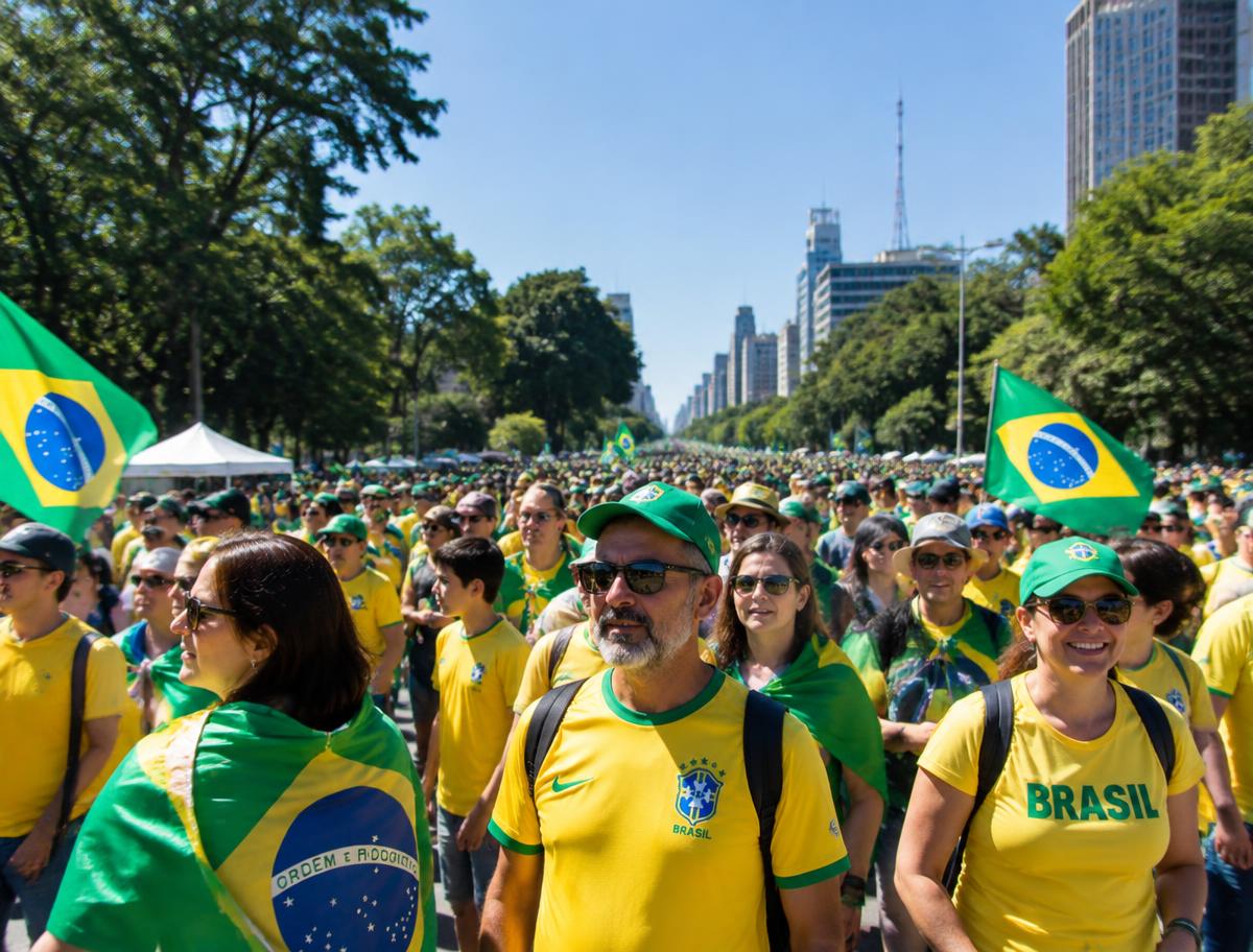 Brasileiros de verde e amarelo com bandeiras